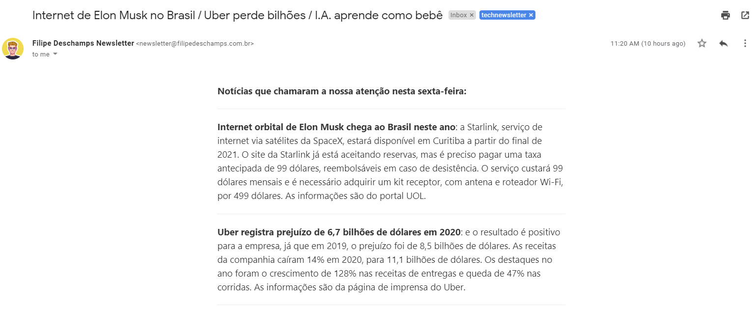 Example of newsletter email