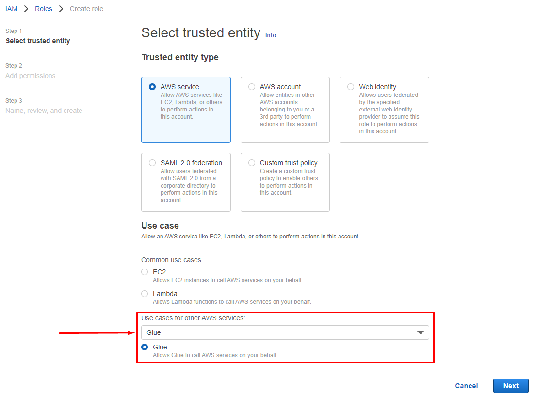 Tela de cadastro de uma nova Role, selecionando o tipo AWS Service e Glue