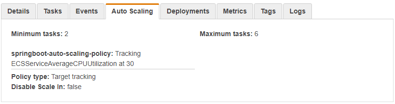 Visão do console AWS para o AutoScaling de 30% de uso da CPU