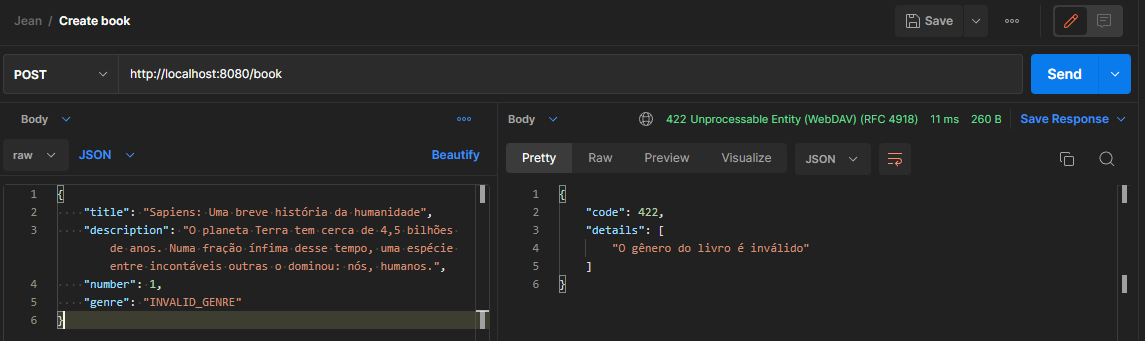 Erro retornado pela API por conta do campo gênero ter sido enviado errado