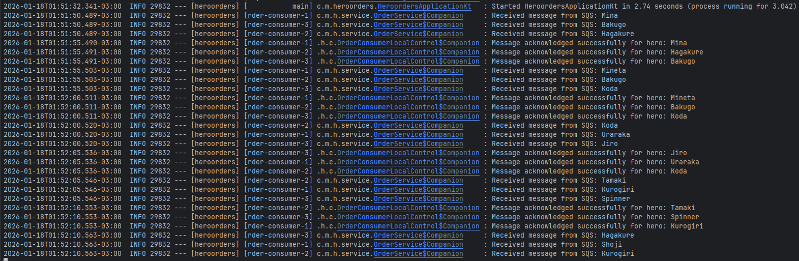 Itens sendo processados com os parâmetros configurados (3 por vez no container)