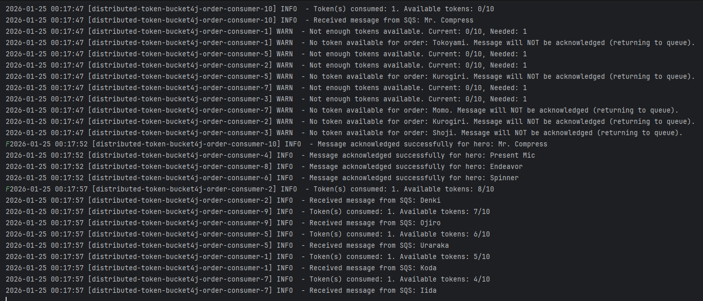 Logs da execução com token bucket utilizando a lib bucket4j