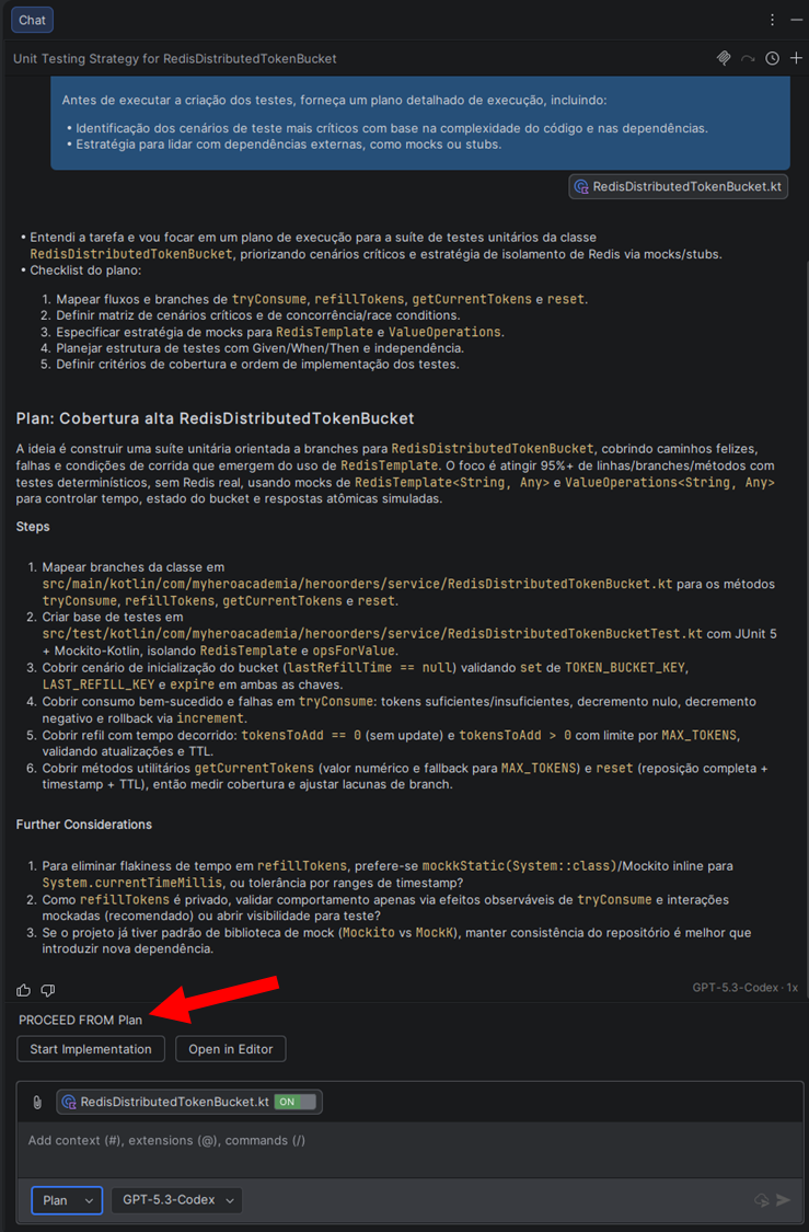 Exemplo de plano de execução detalhado gerado pela IA com cenários de teste identificados