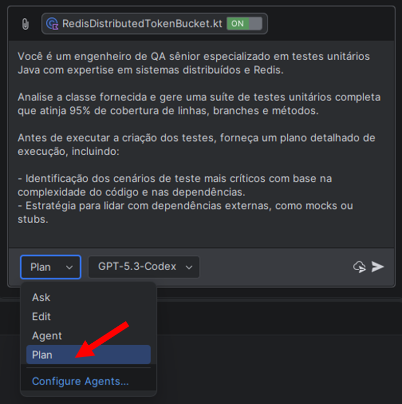 Opção ‘Plan’ selecionada na aba do GitHub Copilot do IntelliJ IDEA